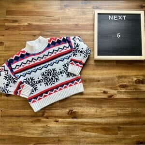 NEXT Blue White Red Apres Ski Fair Isle Snowflake Crewneck Sweater Winter Cozy 5